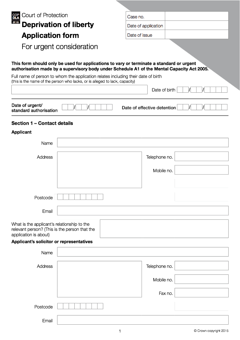 COPDLA Application form for urgent consideration Deprivation of liberty preview