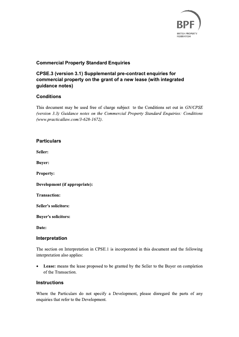 CPSE3 Supplemental Pre Contract Enquiries for Commercial Property on the Grant of a New Lease preview