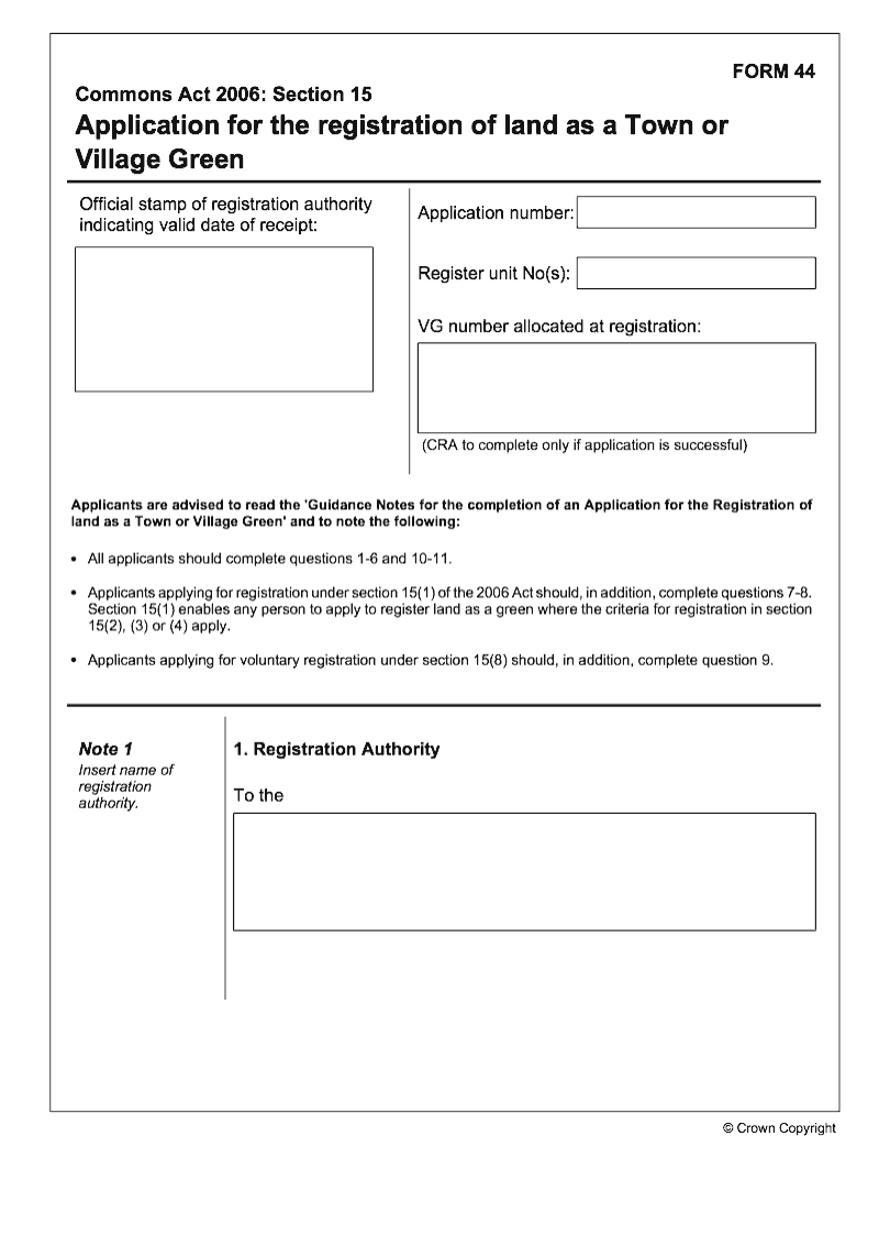 CR44 Application for the registration of land as a Town or Village Green Commons Act 2006 Section 15 preview