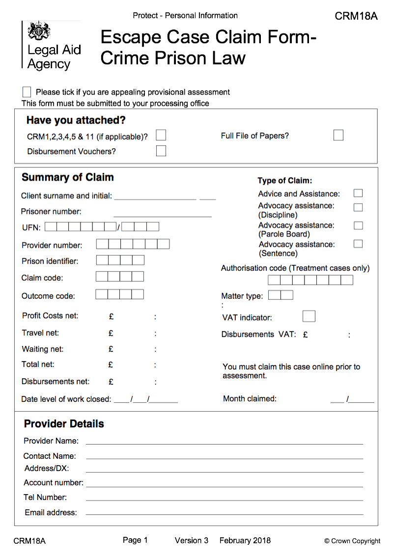 CRM18A Escape case claim form Crime Prison Law preview