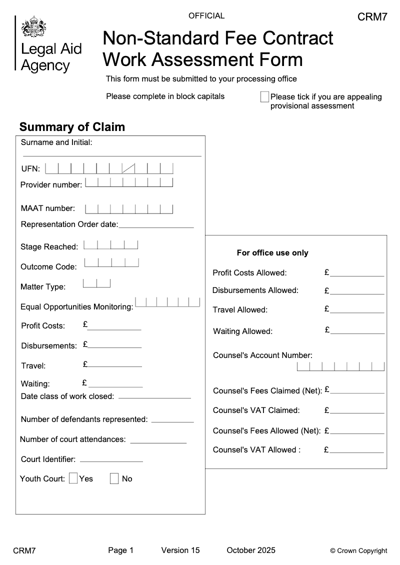 CRM7 TR Non standard fee contract work assessment form preview