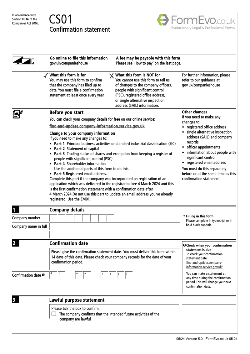 CS01 Confirmation statement Section 853A Companies Act 2006 preview