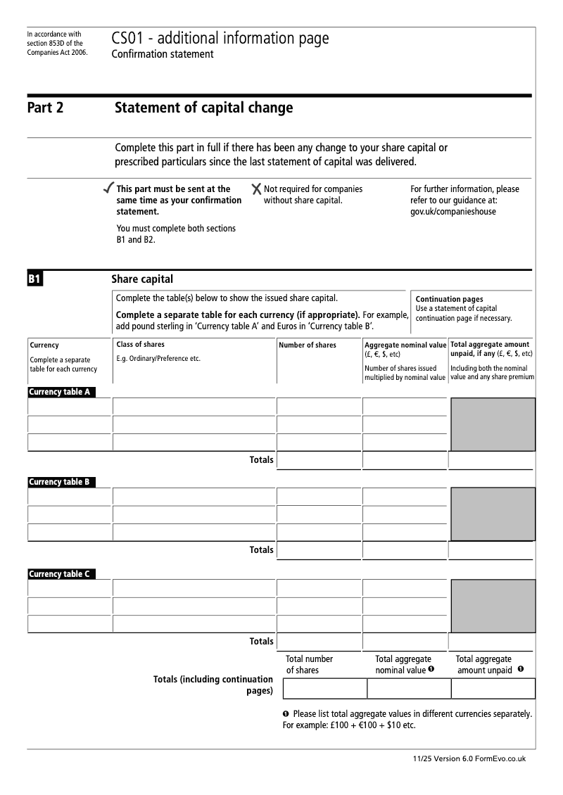 CS01 Part 2 Statement of capital change Confirmation statement Section 853D preview
