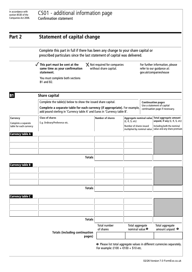 CS01 Part 2 Statement of capital change Confirmation statement Section 853D preview