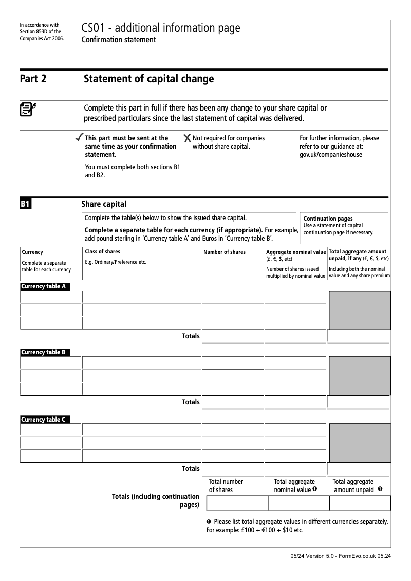 CS01 Part 2 Statement of capital change Confirmation statement Section 853D preview