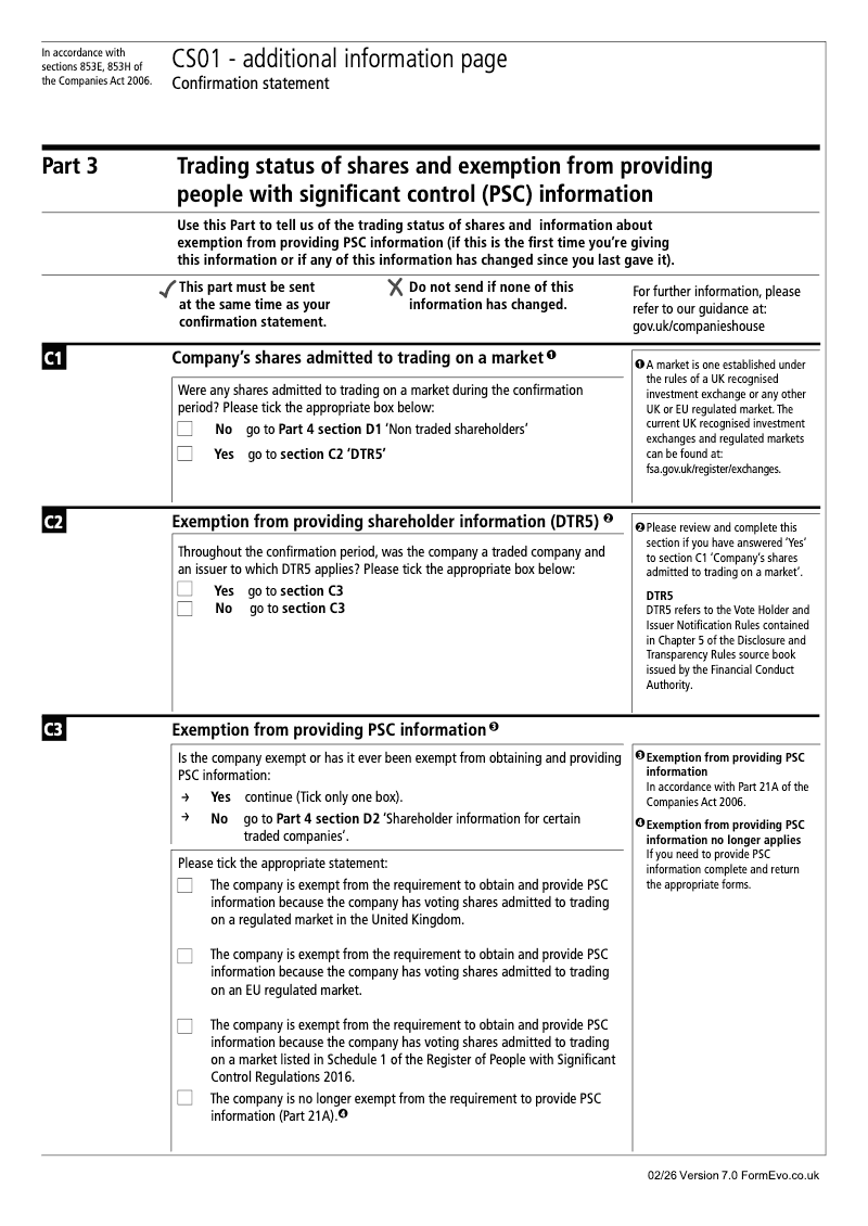 CS01 Part 3 Trading status of shares and exemption from keeping a register of people with significant control PSC Confirmation statement Section 853E and 853H preview