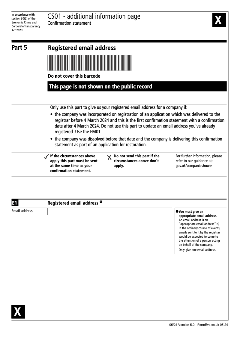 CS01 Part 5 Registered email address Confirmation statement Section 30 2 of the Economic Crime and Corporate Transparency Act 2023 preview