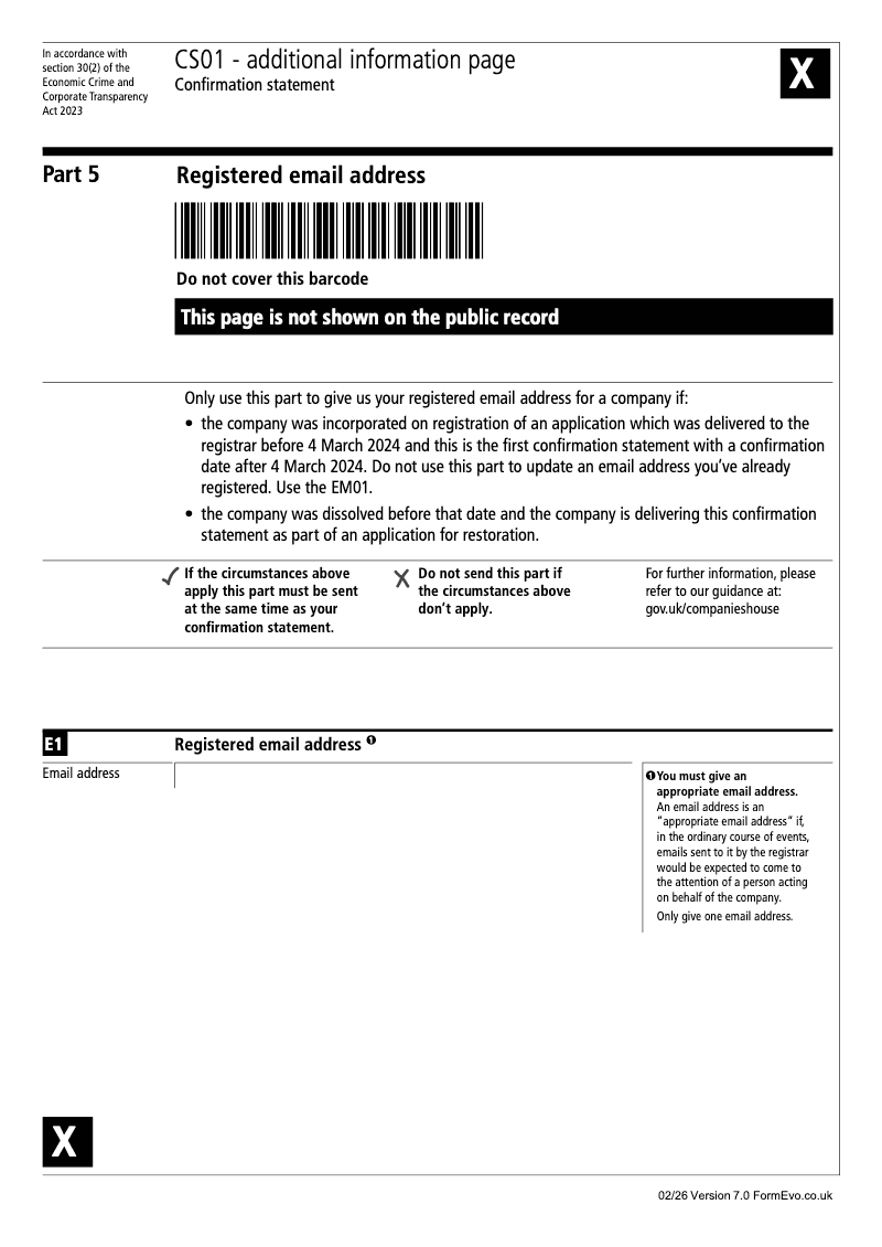 CS01 Part 5 Registered email address Confirmation statement Section 30 2 of the Economic Crime and Corporate Transparency Act 2023 preview