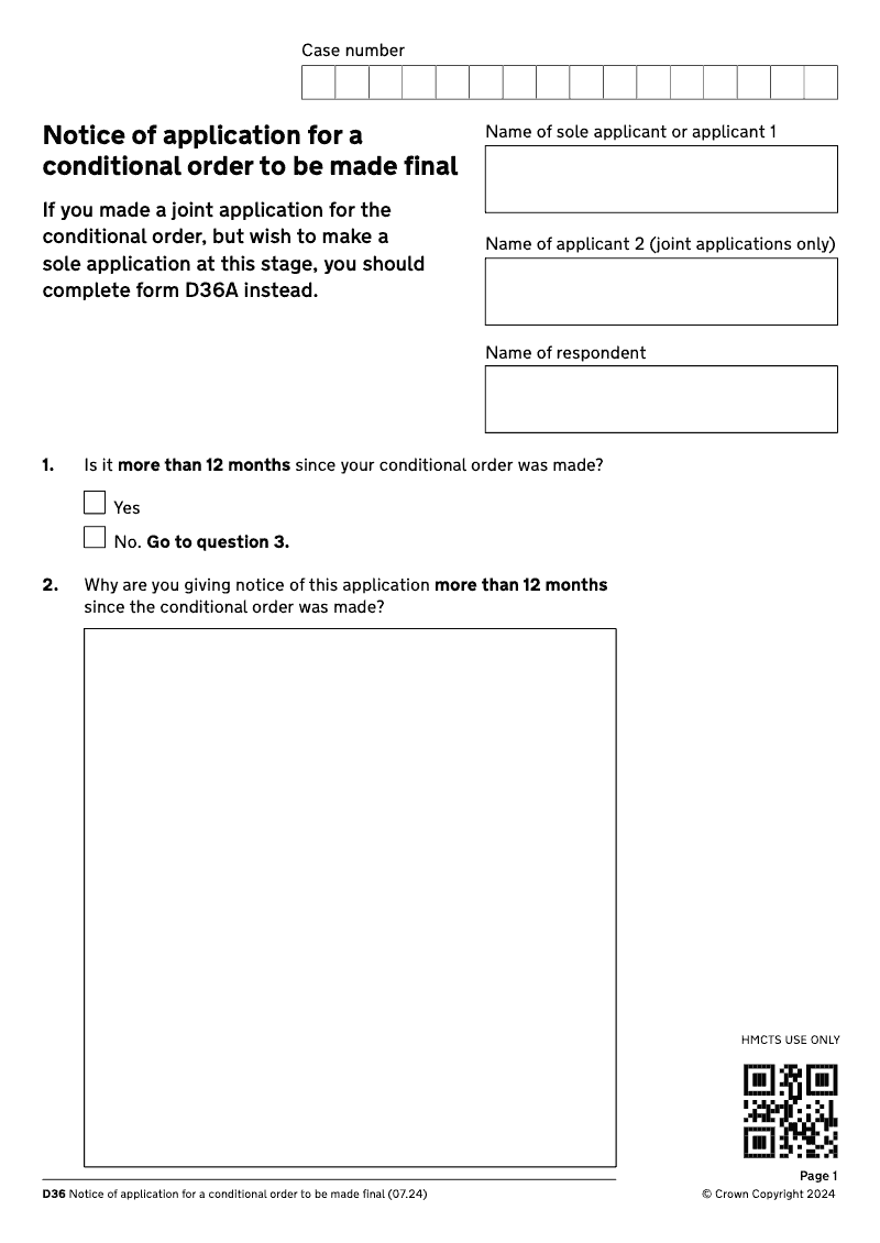 D36 Notice of application for a conditional order to be made final joint application electronic signature available preview