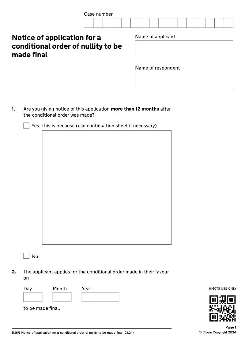 D36N Notice of application for a conditional order of nullity to be made final electronic signature available preview