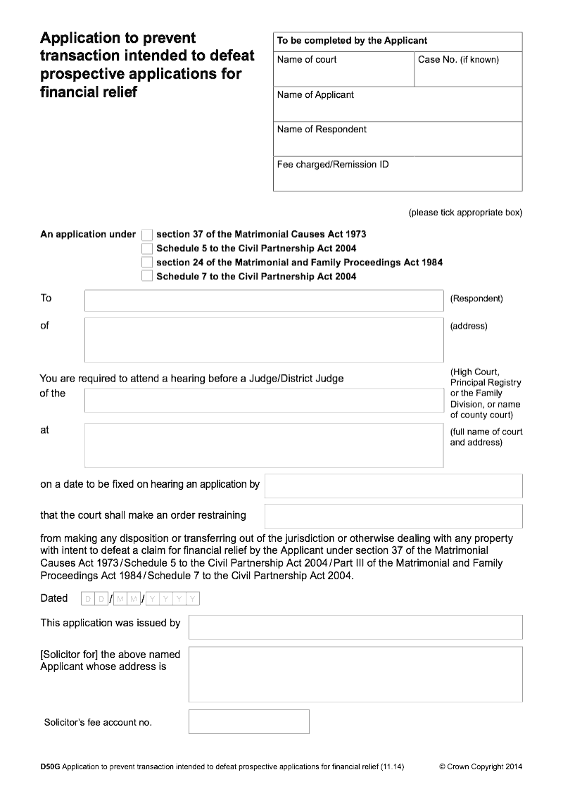 D50G Application to prevent transaction intended to defeat prospective applications for financial relief preview