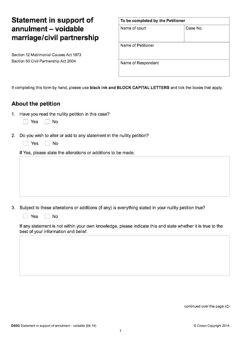 D80G Statement in support of annulment voidable marriage civil partnership Section 12 Matrimonial Causes Act 1973 and Section 50 Civil Partnership Act 2004 preview