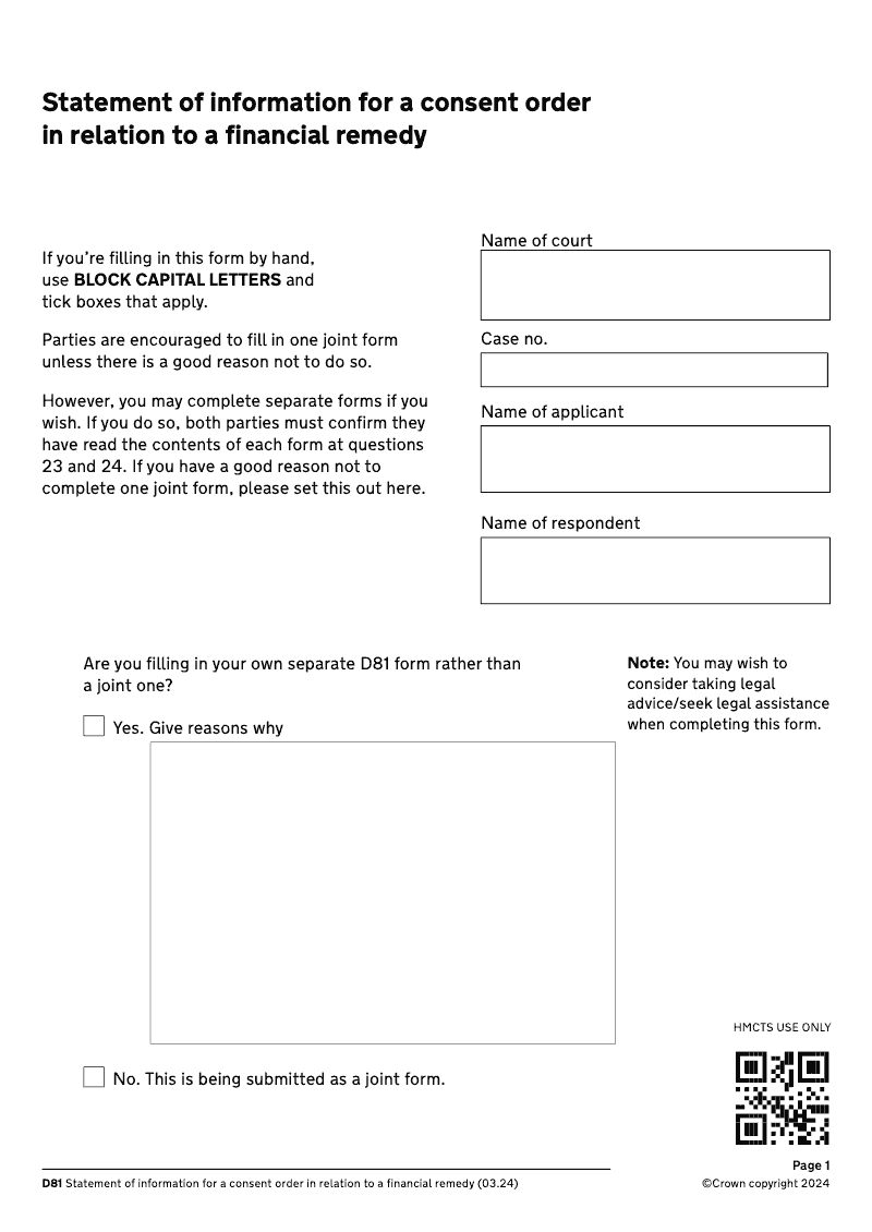 D81 MutualConsent Statement of information for a consent order in relation to a financial remedy DIV32 electronic signature by BOTH Applicant and Respondent preview