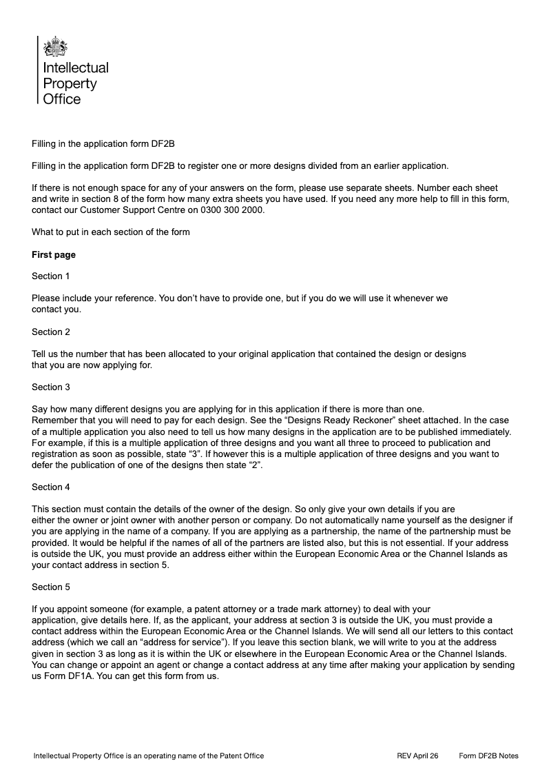 DF2B Notes Notes on filling in the application form DF2B Application to register one or more designs divided from an earlier application preview