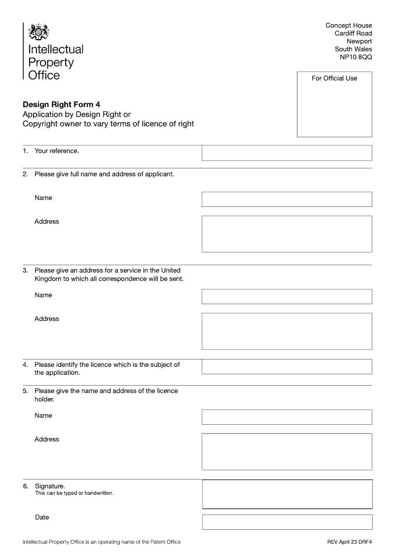 DRF4 Application by Design Right or Copyright owner to vary terms of licence of right preview