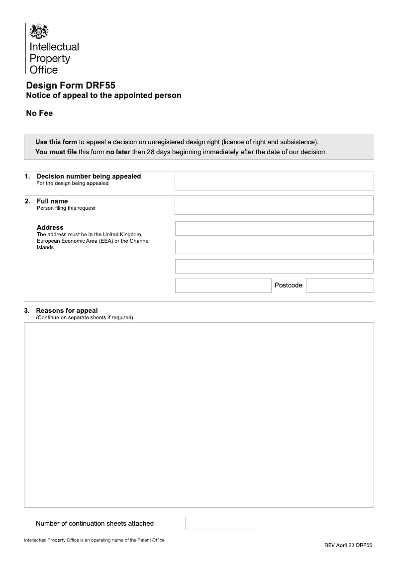 DRF55 Notice of appeal to the appointed person Unregistered design rights preview