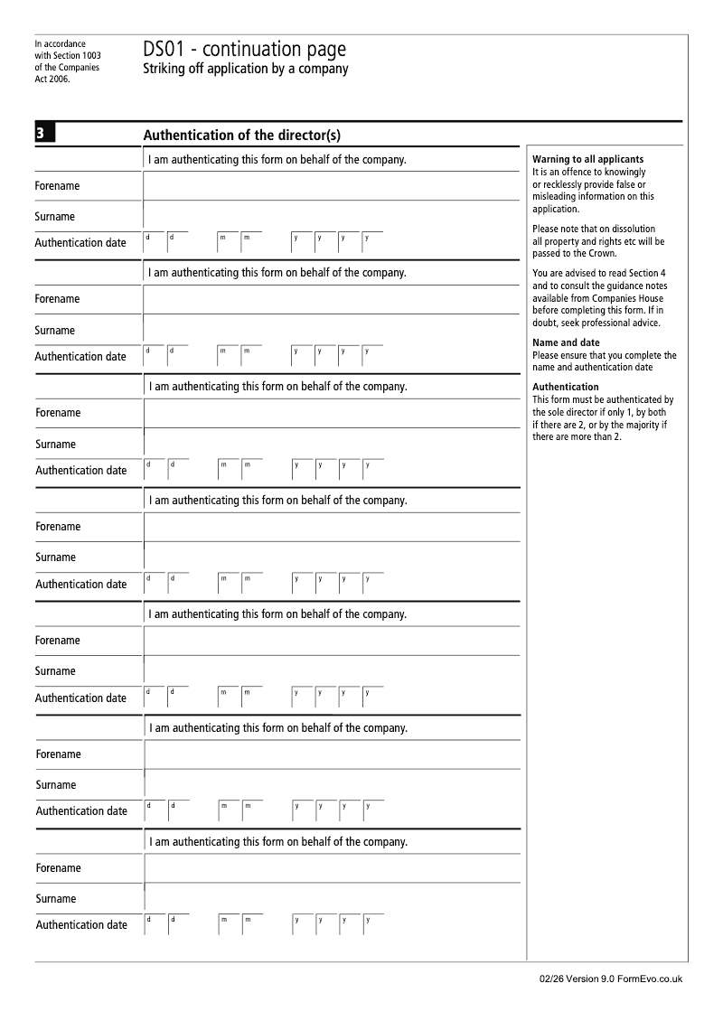 DS01 Continuation Page Name s and Signature s of the director s continuation page DS01 Striking off application by a company Section 1003 preview