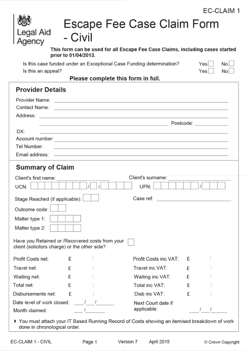 EC CLAIM1 CIVIL Escape Fee Case Claim form Civil preview