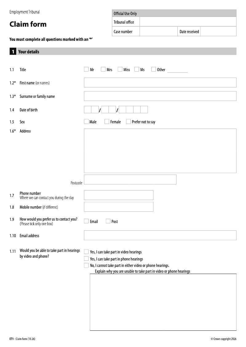 ET1 Claim form Employment Tribunal Fees and Remissions preview