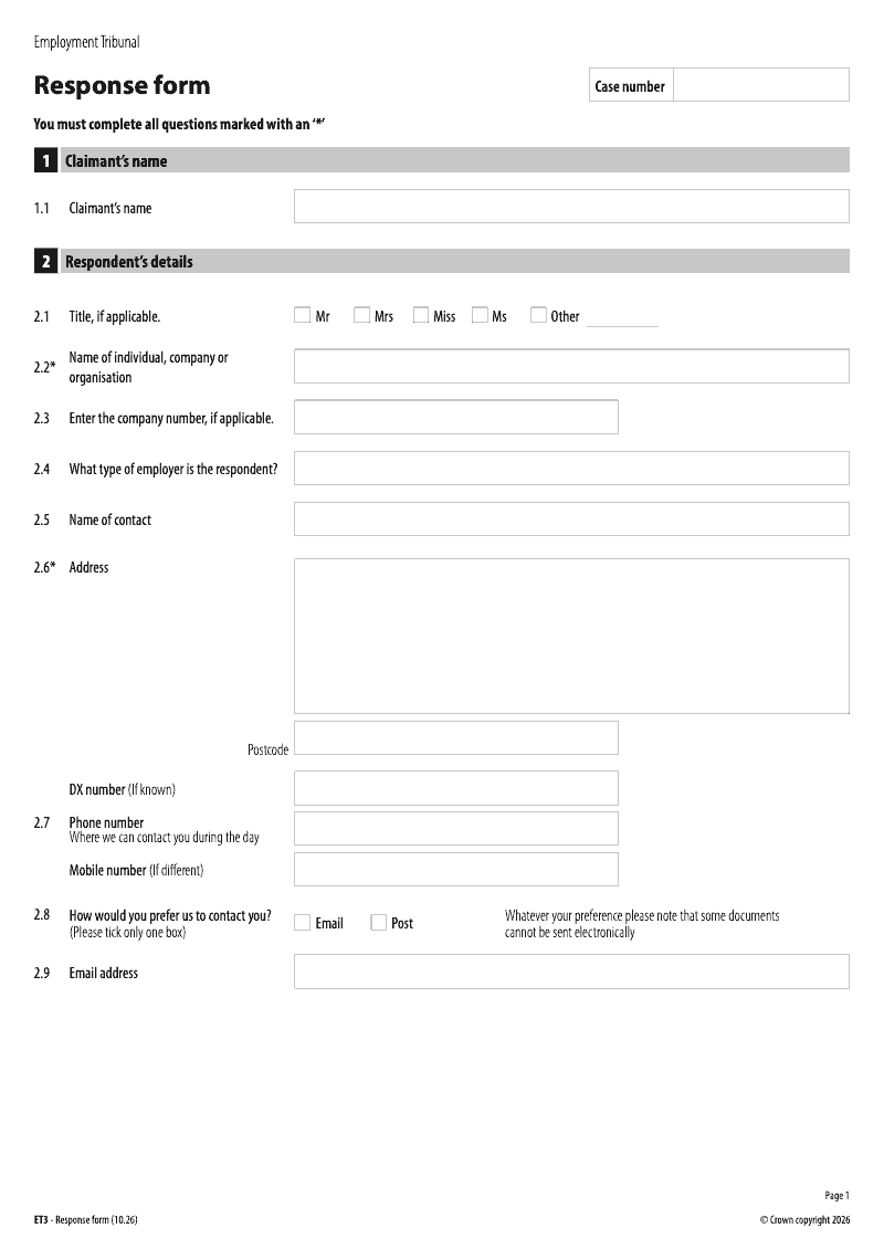 ET3 Response form Employment Tribunal preview