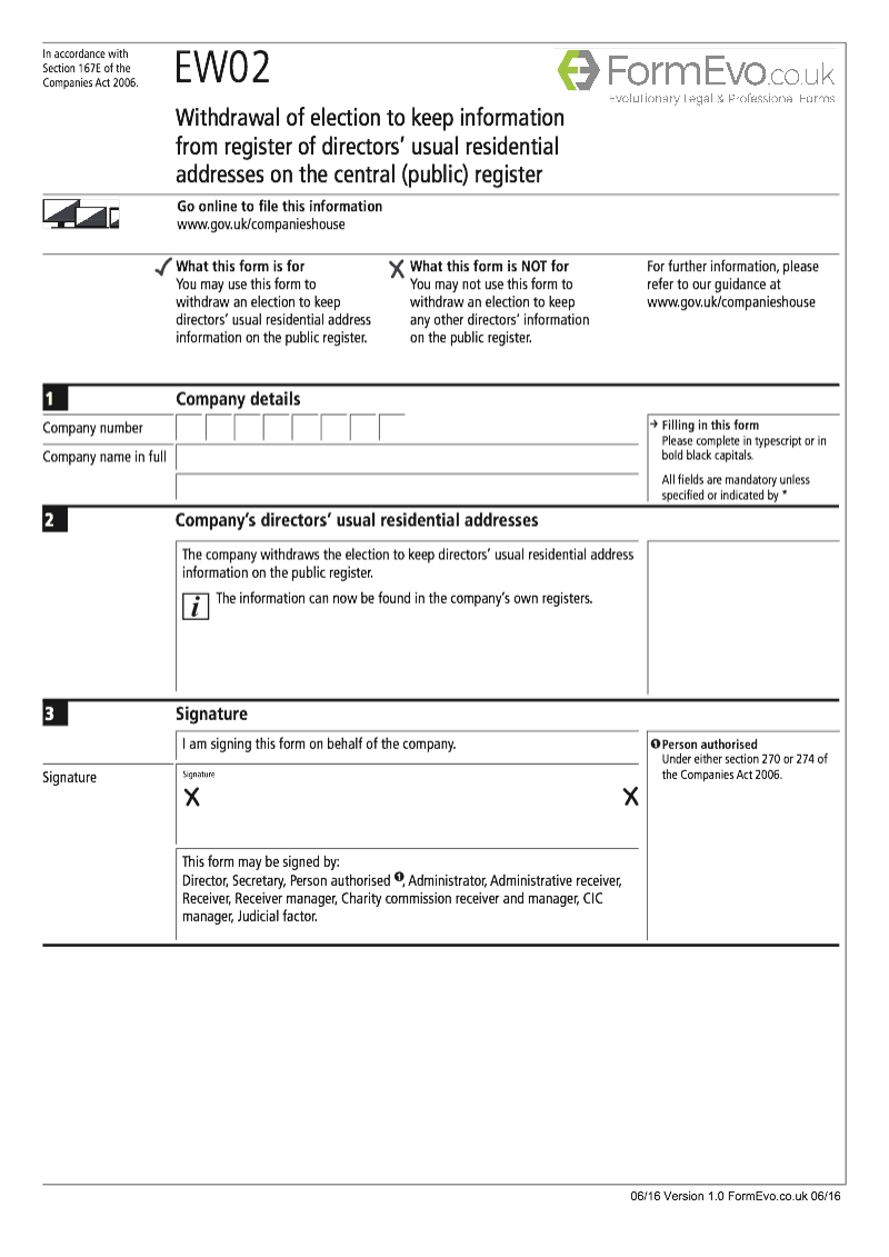 EW02 Withdrawal of election to keep information from register of directors usual residential addresses on the central public register Section 167E of the Companies Act 2006 preview