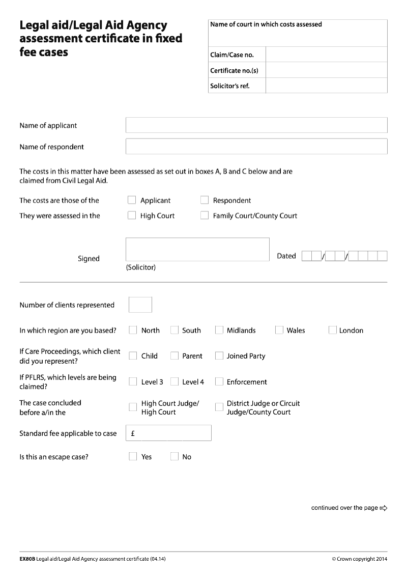 EX80B Legal Aid Legal Aid Agency assessment certificate in fixed fee cases preview