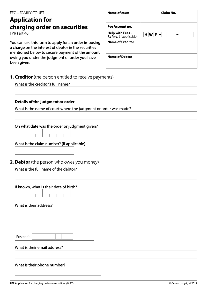 FE7 Application for charging order on securities FPR Part 40 Family Court preview