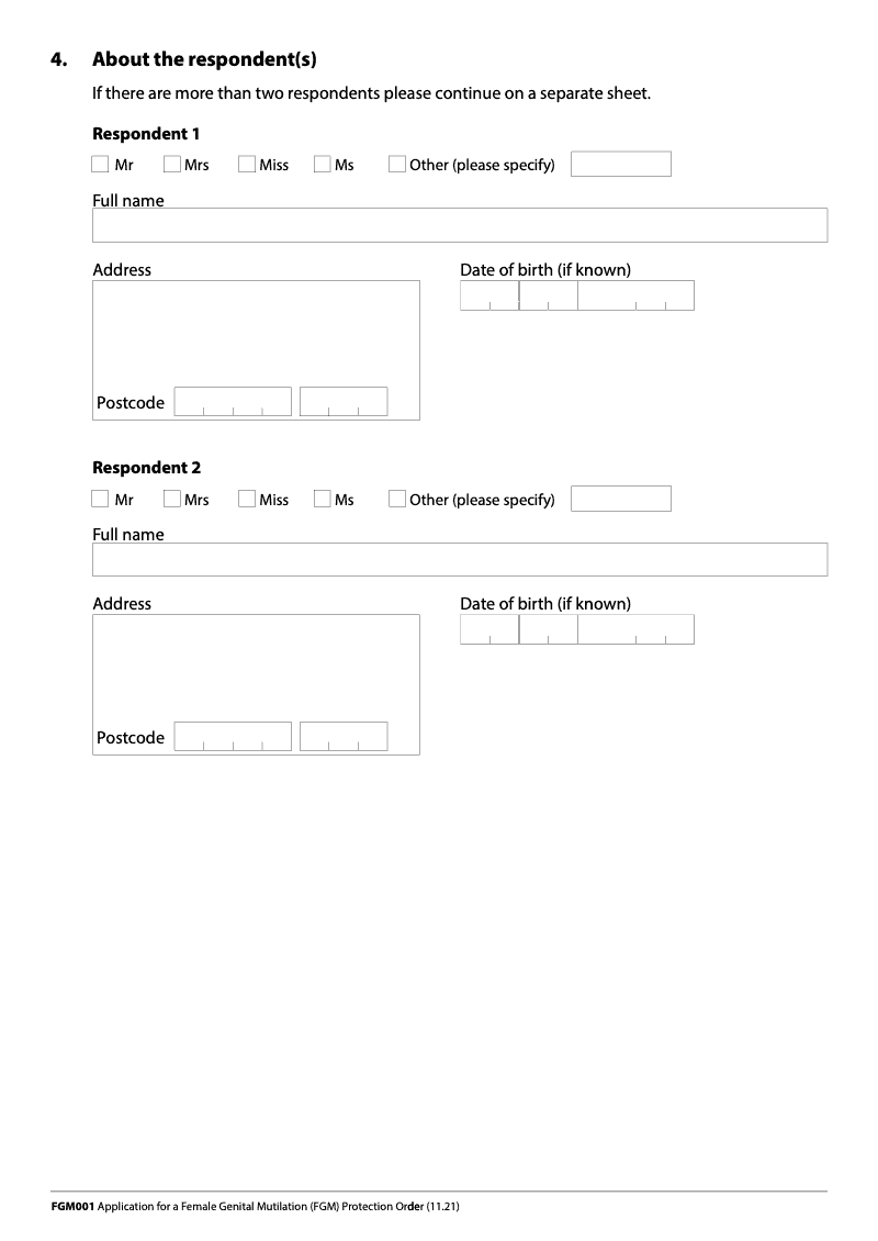 FGM001 Continuation Page Continuation page additional respondents Application for a Female Genital Mutilation FGM Protection Order preview