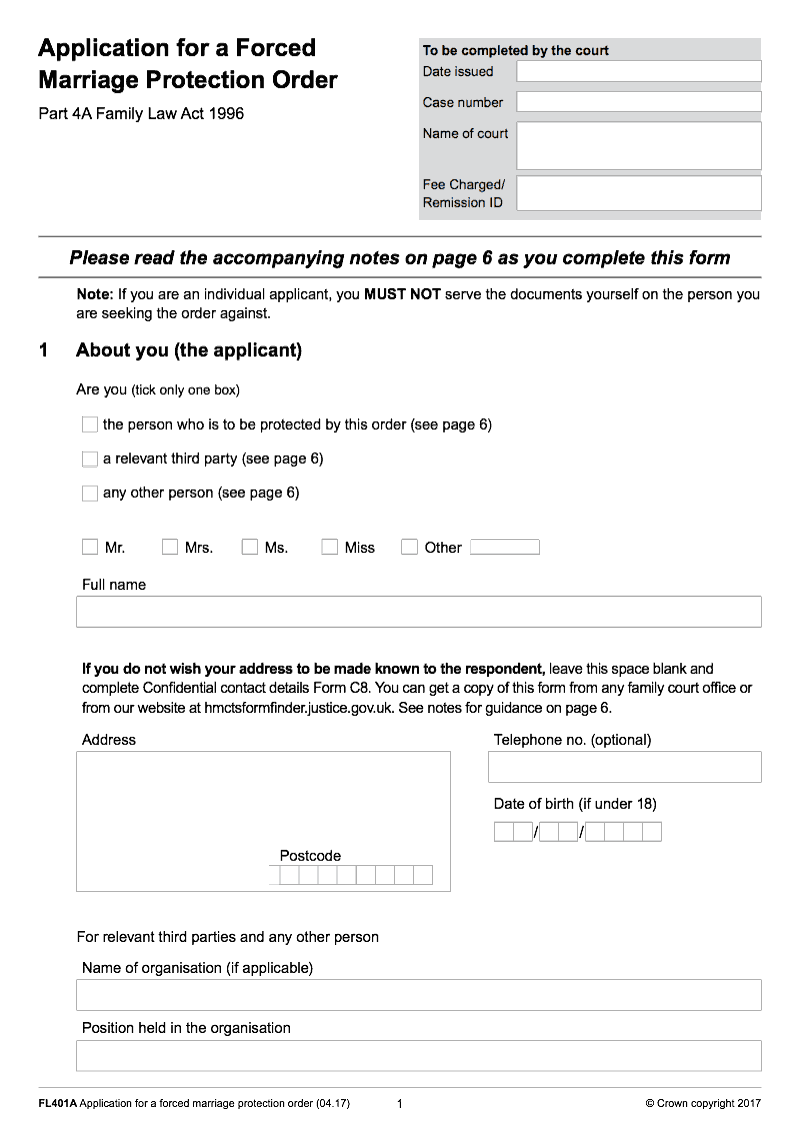 FL401A Application for a forced marriage protection order Part 4A Family Law Act 1996 preview