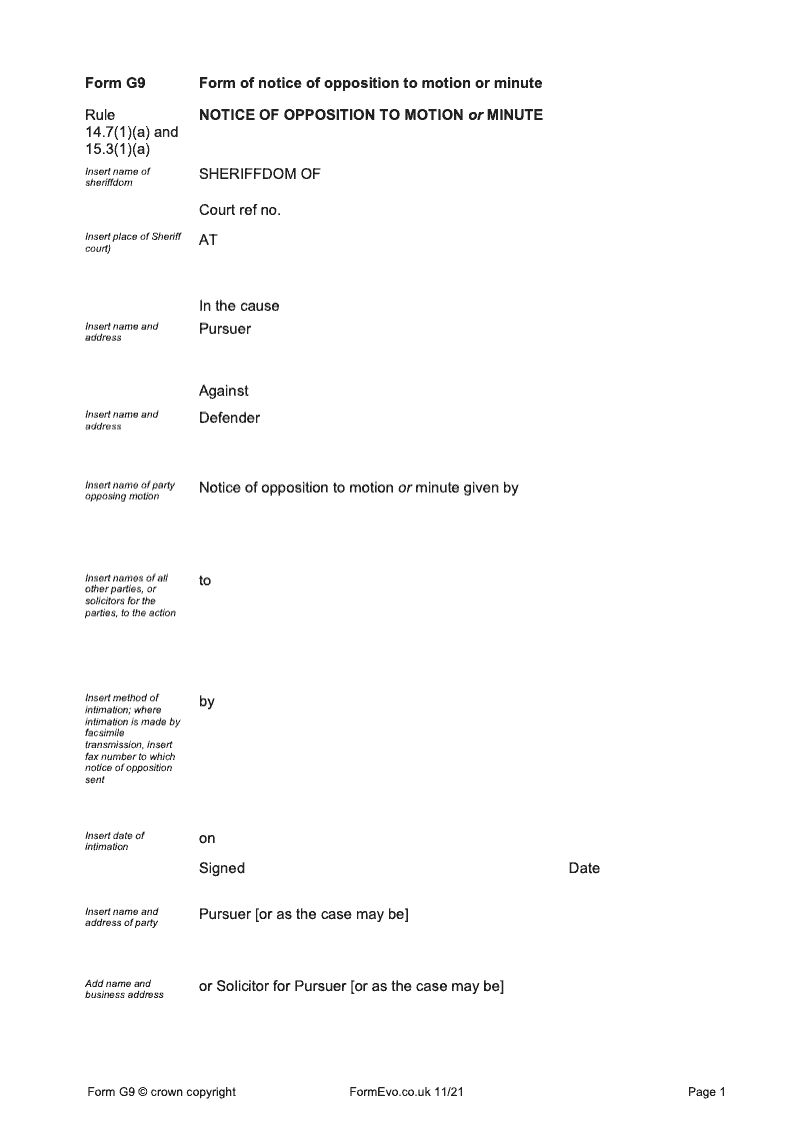 FORM G9 Form of notice of opposition to motion or minute preview