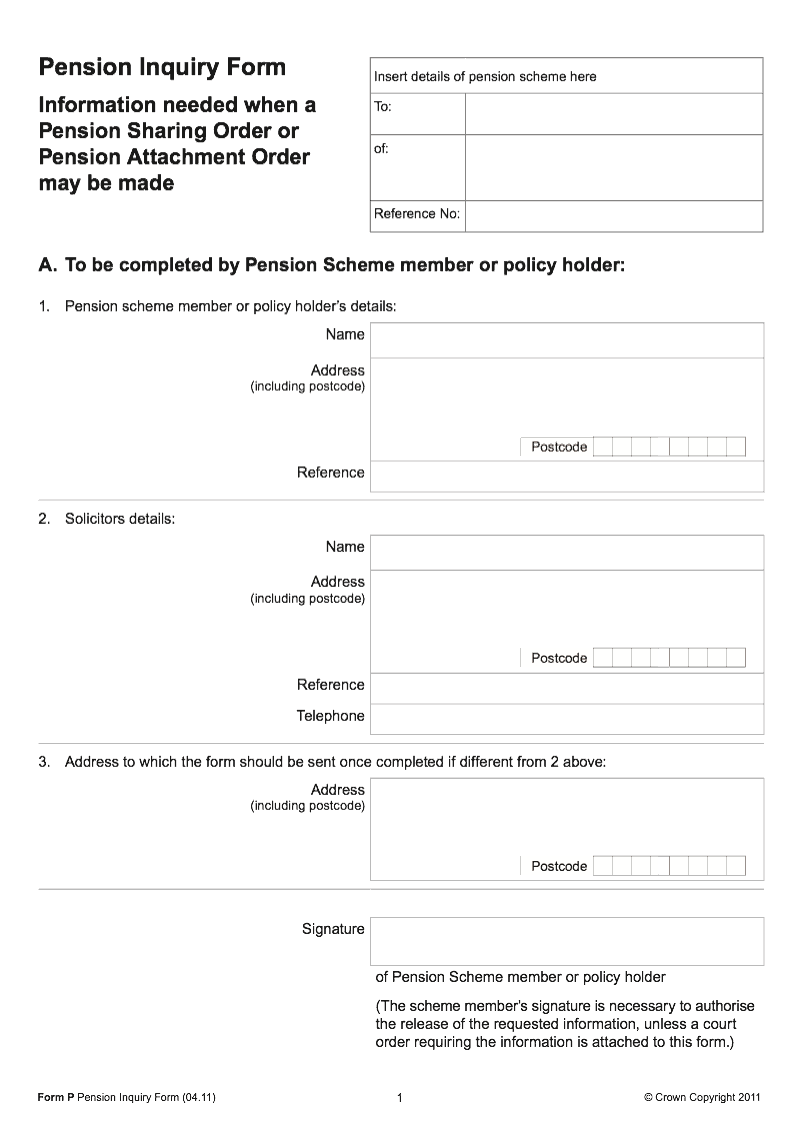 Form P Pension Inquiry Form Information needed when a Pension Sharing Order or Pension Attachment Order may be made preview