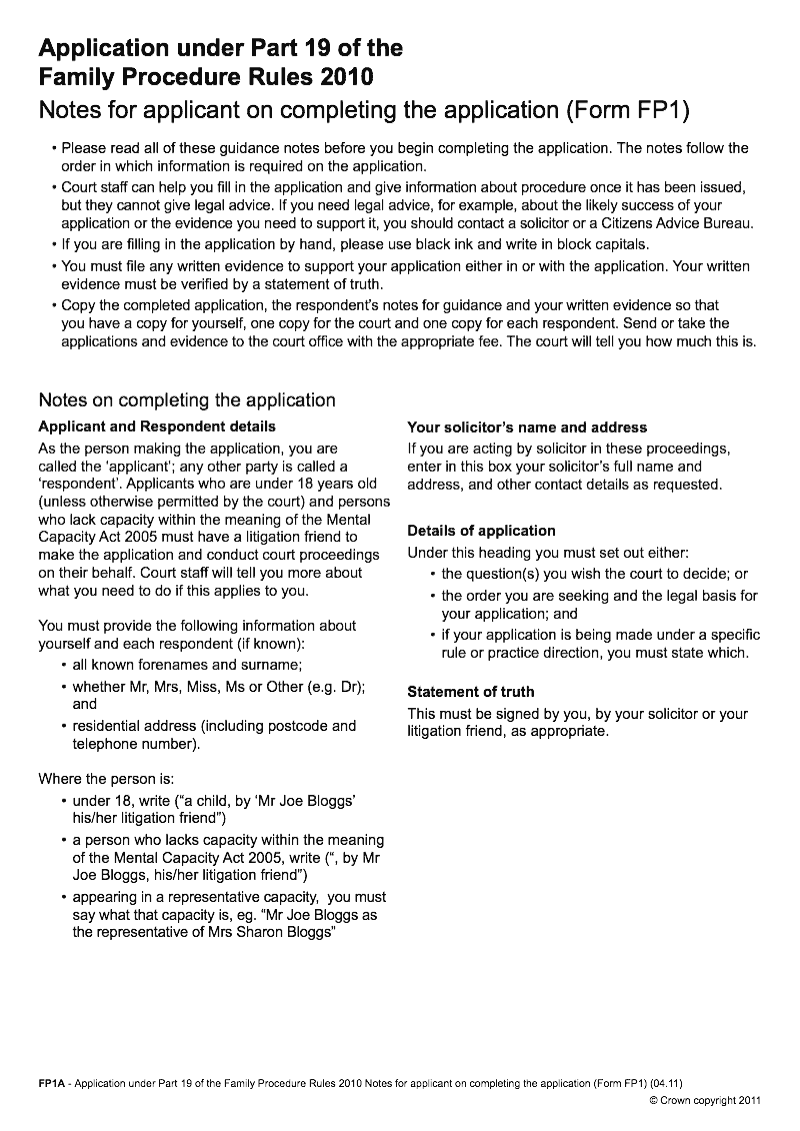 FP1A Application under Part 19 of the Family Procedure Rules 2010 Notes for applicant on completing the application Form FP1 preview