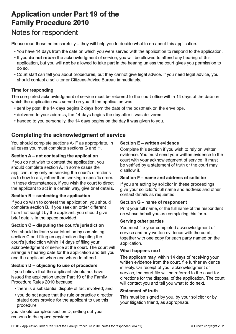 FP1B Application under Part 19 of the Family Procedure 2010 Notes for respondent preview