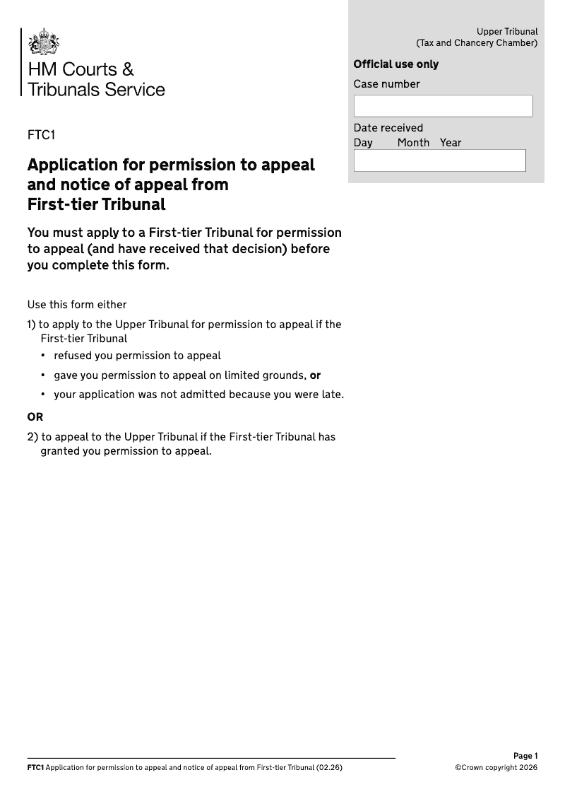 FTC1 Application for permission to appeal and Notice of Appeal from First tier Tribunal Tax and Chancery Chamber preview