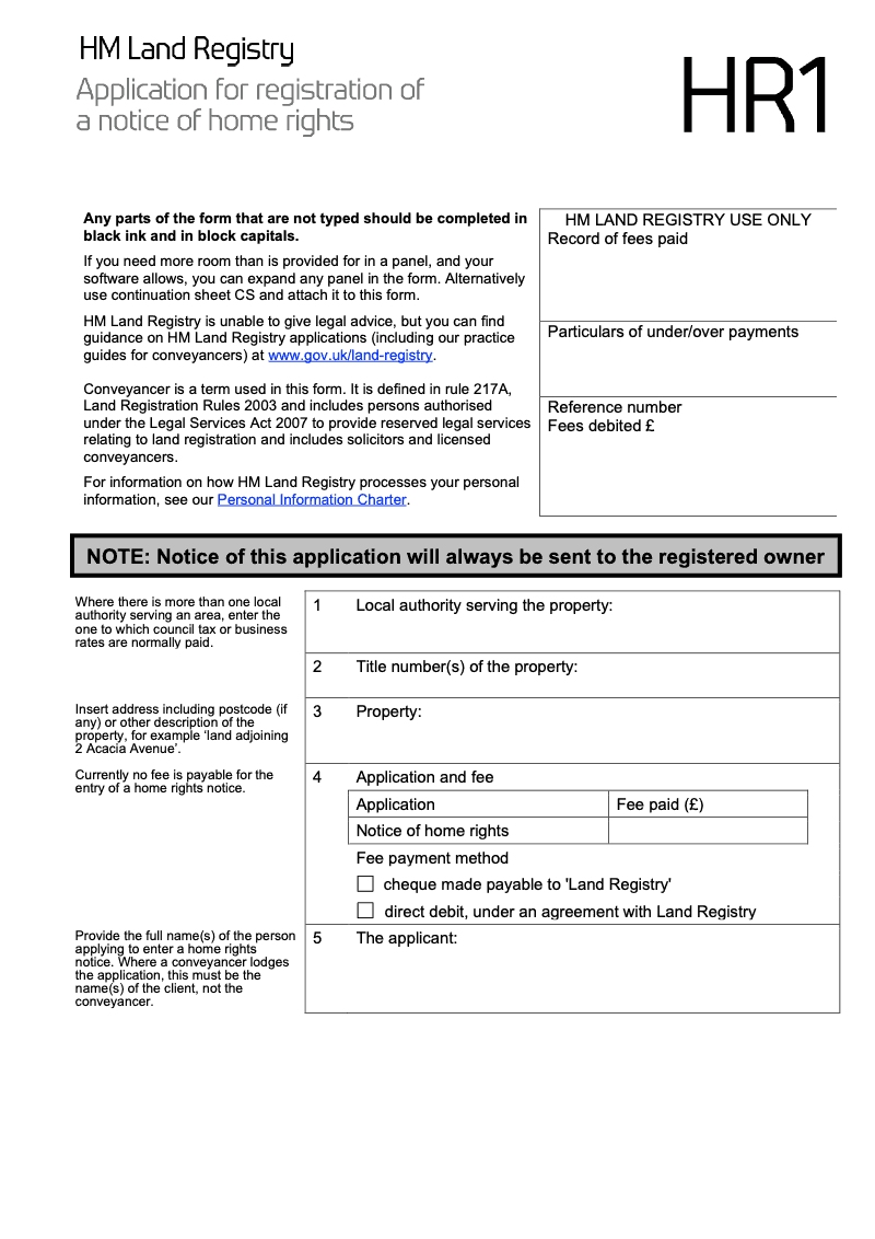 HR1 Application for registration of a notice of home rights preview