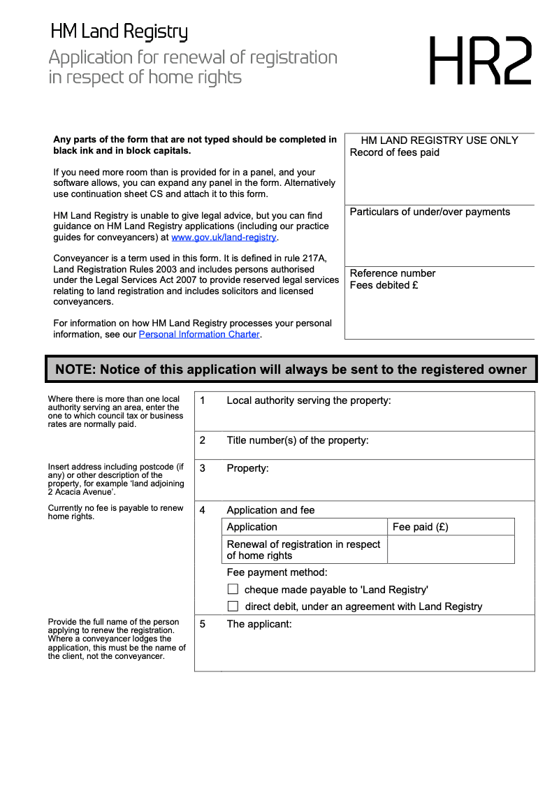 HR2 Application for renewal of registration in respect of home rights preview