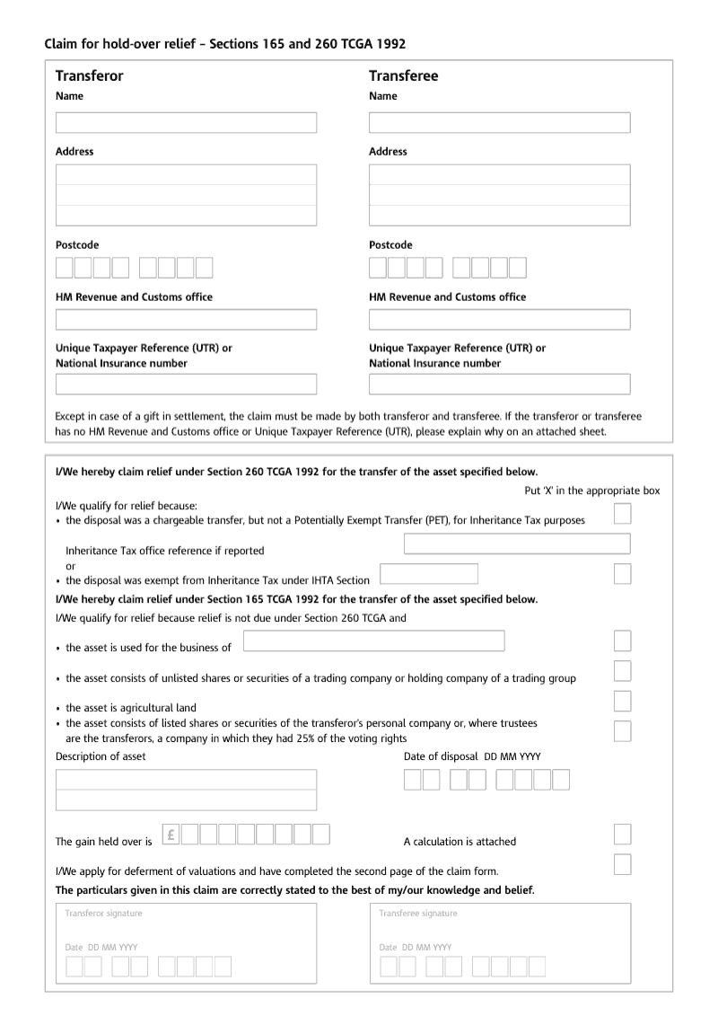 HS295 Claim for hold over relief Sections 165 and 260 TCGA 1992 preview