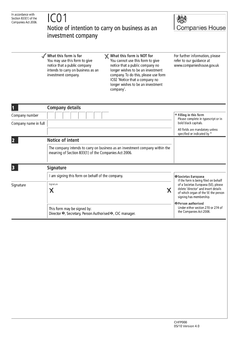 IC01 Notice of intention to carry on business as an investment company Section 833 1 preview