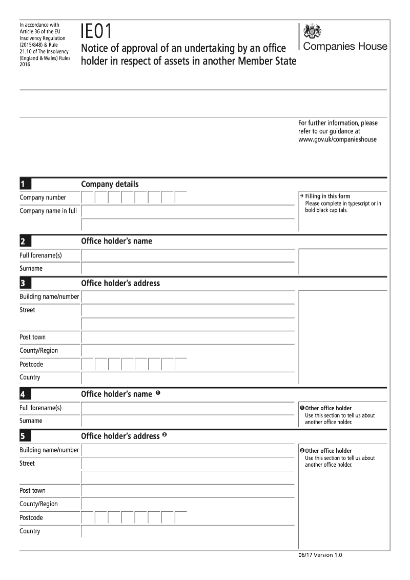 IE01 Notice of approval of an undertaking by an office holder in respect of assets in another Member State Rule 21 10 preview