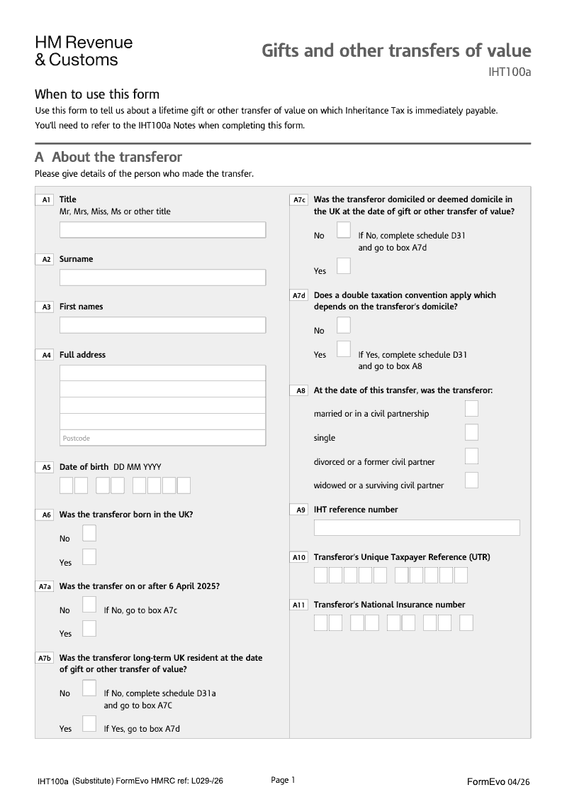 IHT100a 2025 Gifts and Other Transfers of Value preview