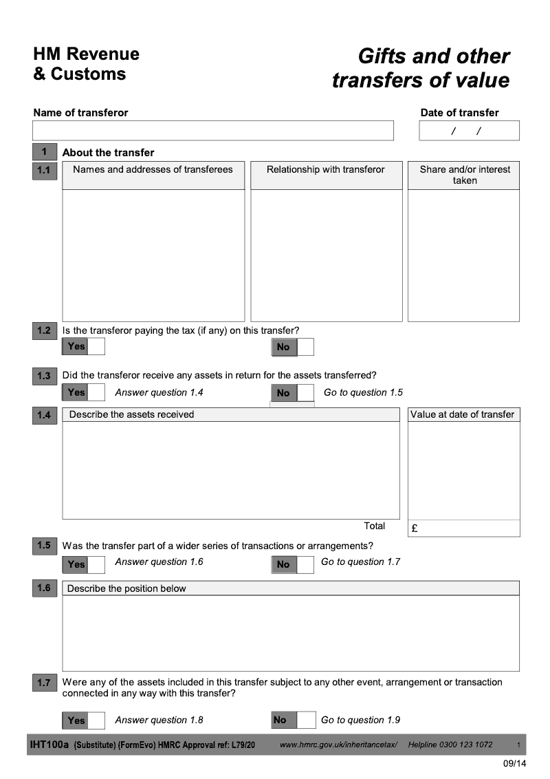 IHT100a Gifts and Other Transfers of Value preview