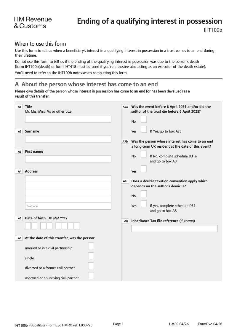 IHT100b 2025 Ending of a qualifying interest in possession preview