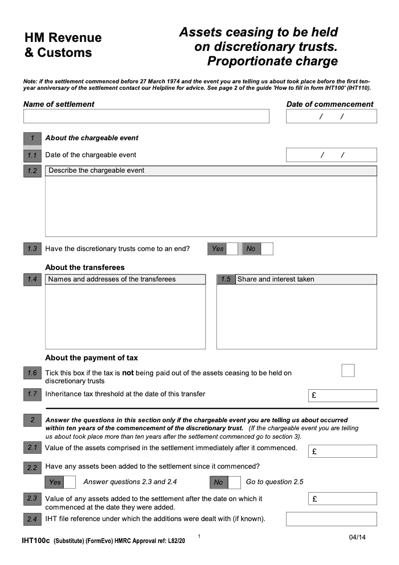 IHT100c Assets Ceasing to be Held on Discretionary Trusts Proportion Charge preview