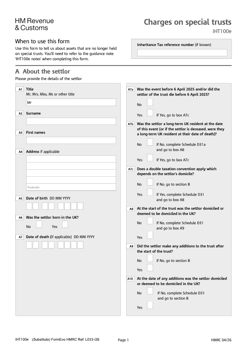 IHT100e 2025 Charges on Special Trusts preview