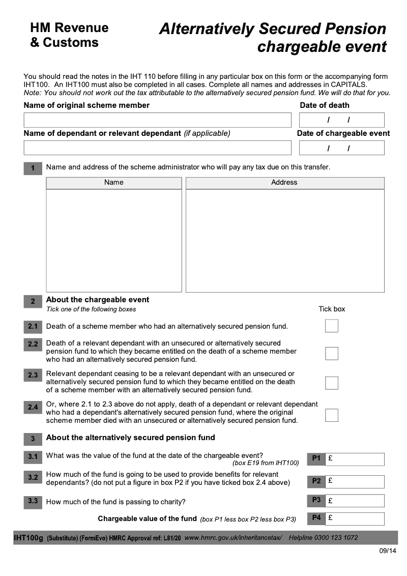 IHT100g Alternatively Secured Pension Chargeable Event preview