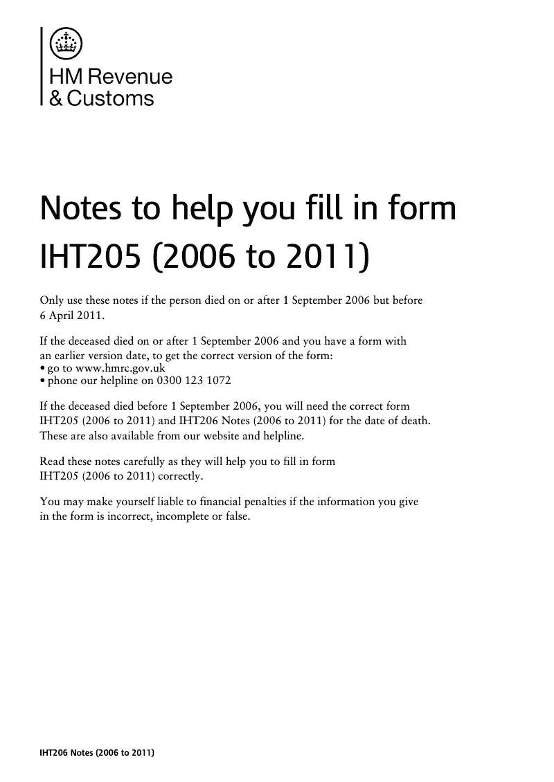 IHT206 2006 2011 Notes to help you fill in form IHT205 2006 2011 preview