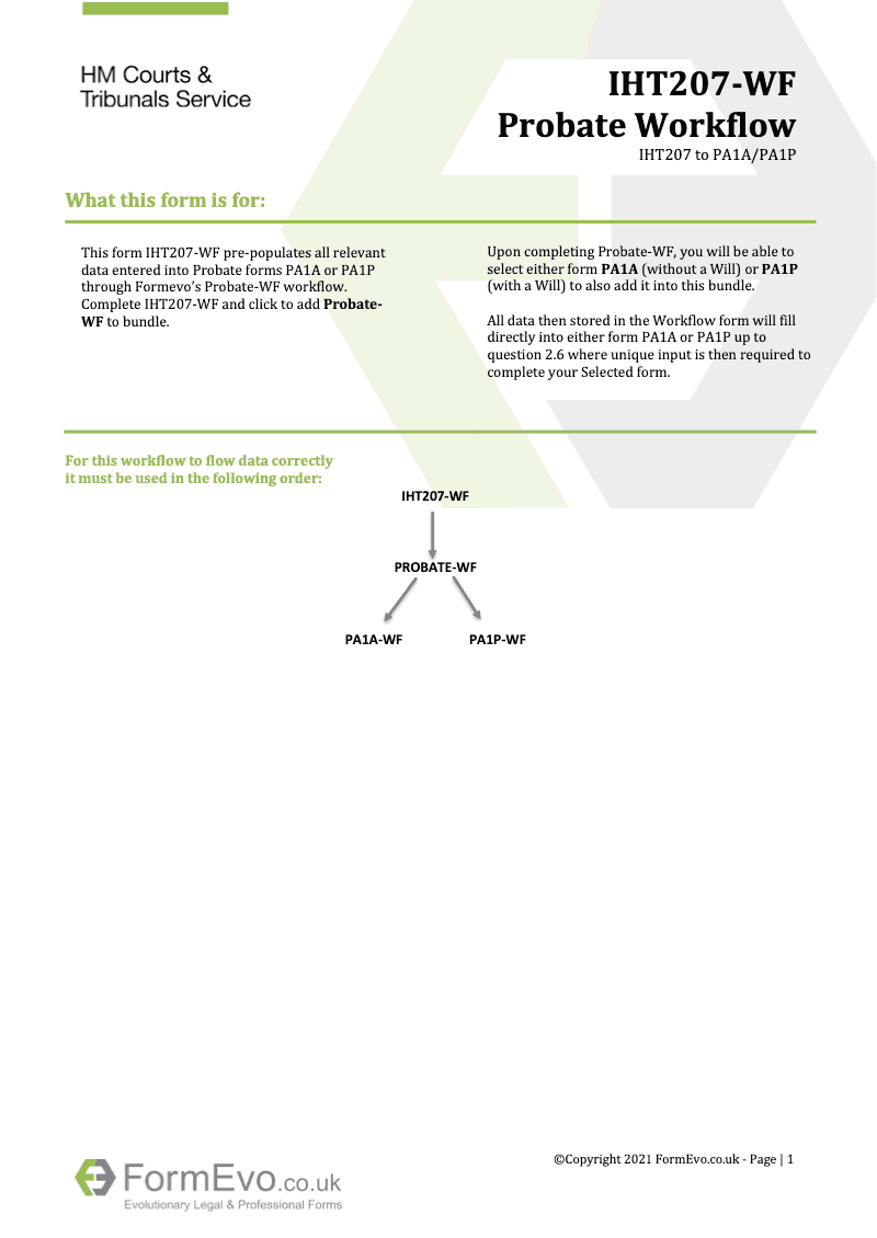 IHT207 WF Return of estate information Person Died on or After 1 Sept 2006 This workflow version uses common data to flow through the Probate workflow form into Probate forms PA1A PA1P preview