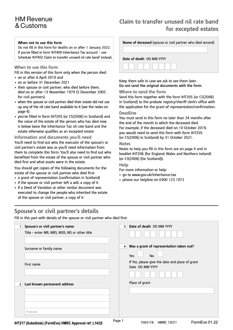 IHT217 Claim to transfer unused nil rate band for excepted estates Person died on or after 6 April 2010 and on or before 31st December 2021 preview