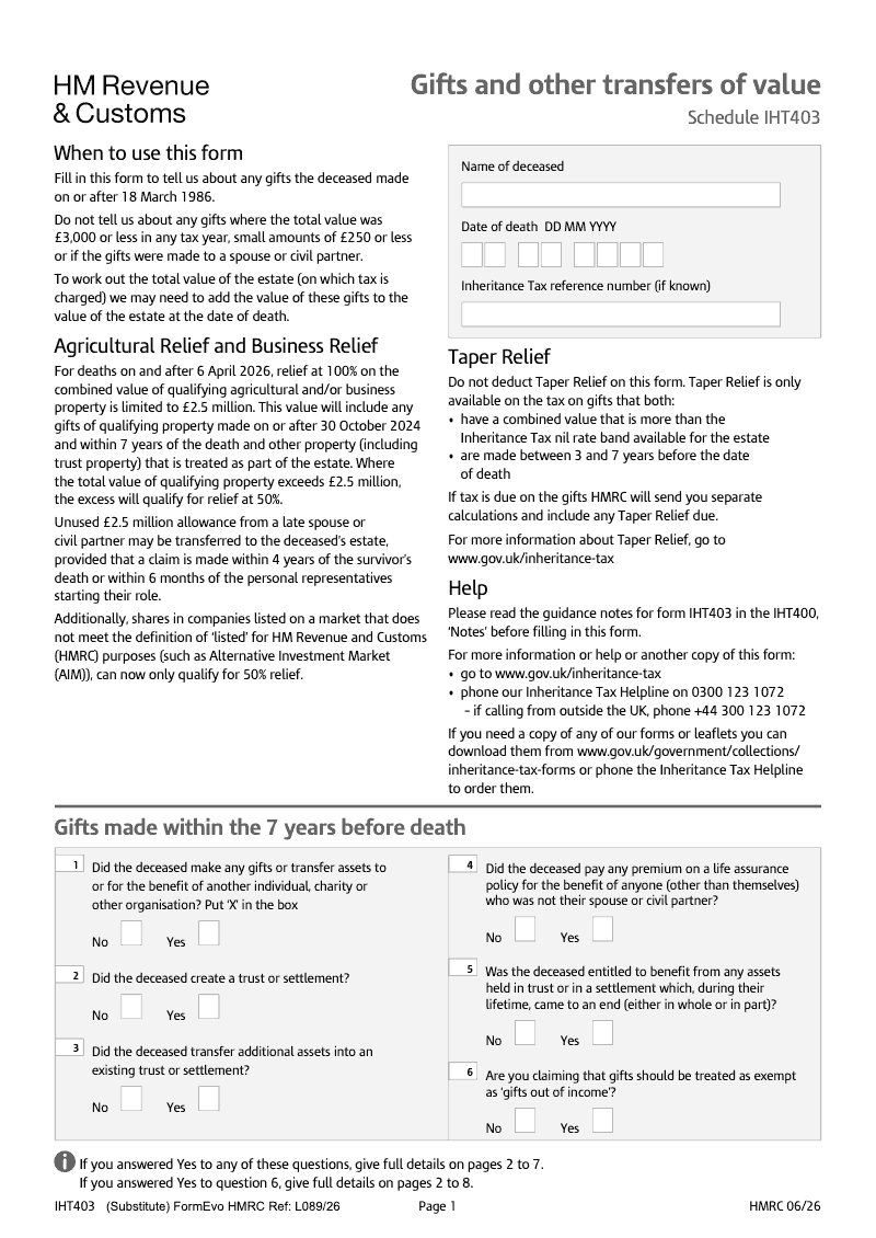 IHT403 Gifts and other transfers of value Schedule IHT403 preview