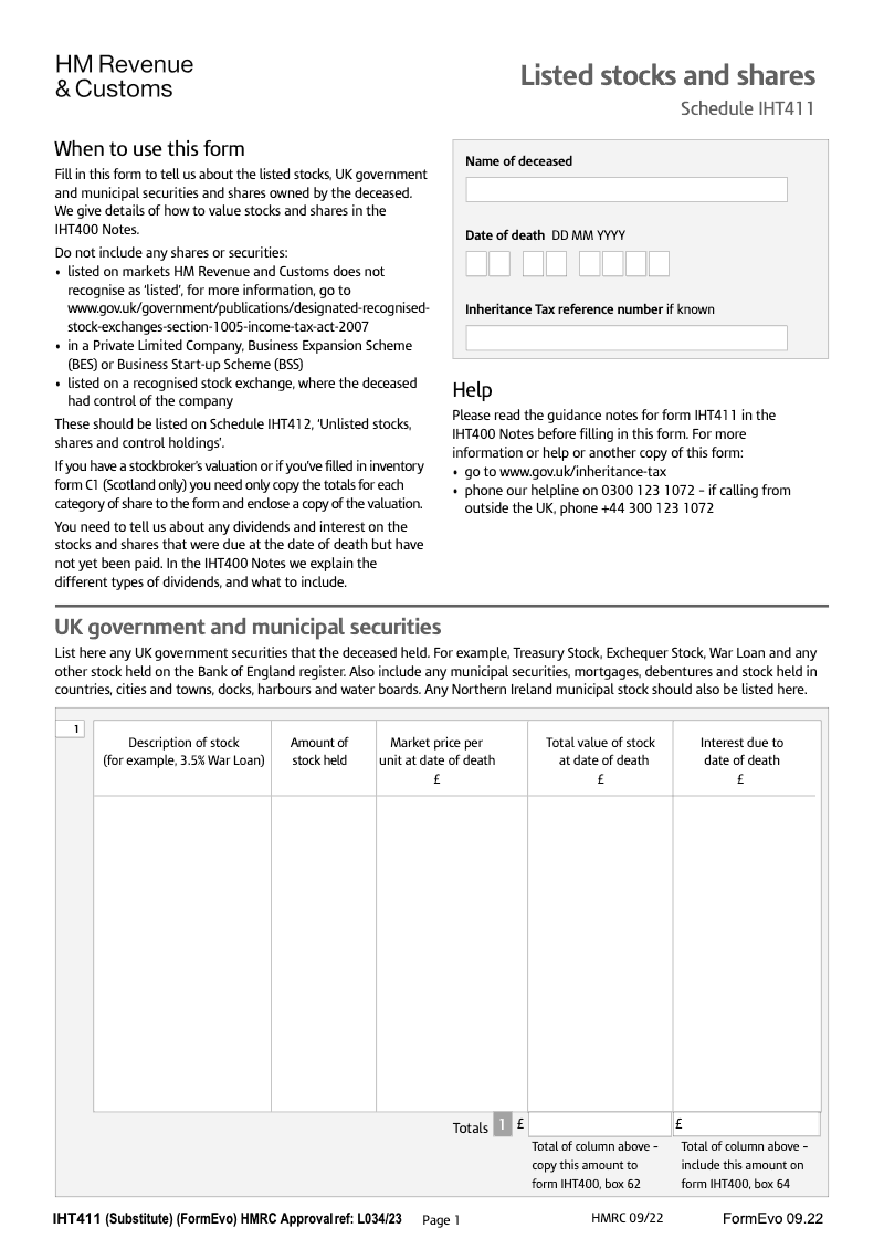 IHT411 Listed stocks and shares Schedule IHT411 preview